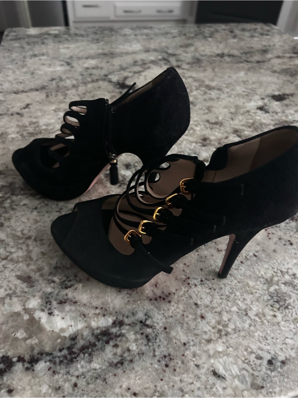 Prada Black Suede Peep-Toe Strappy Heels with Gold Buckle Accents